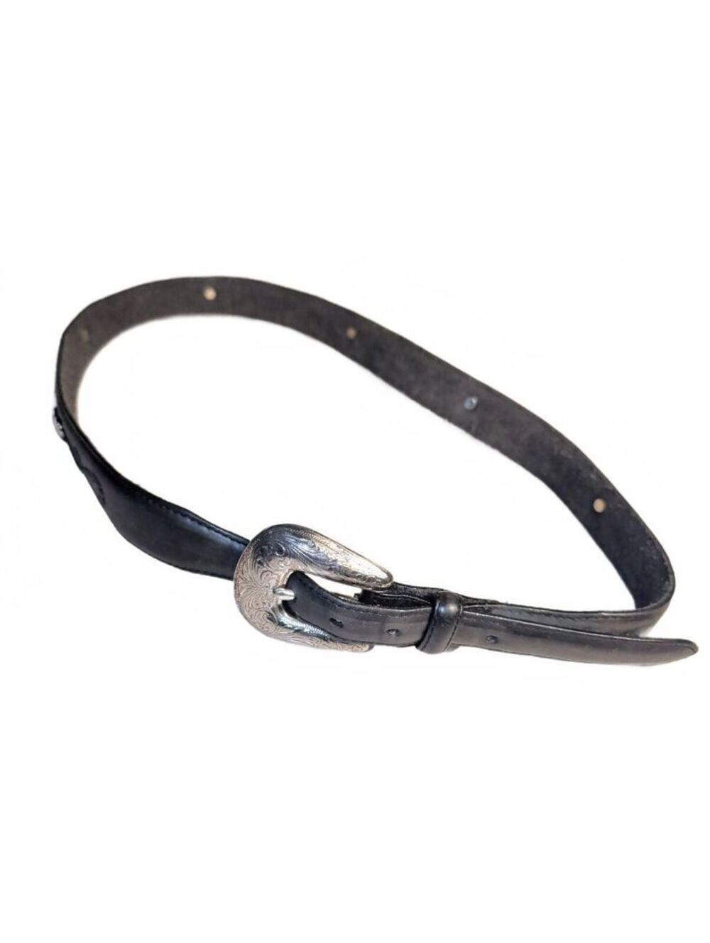 Tory Lama Black Leather Belt Silver Hearts Buckle Womens Size 34 7597L Western